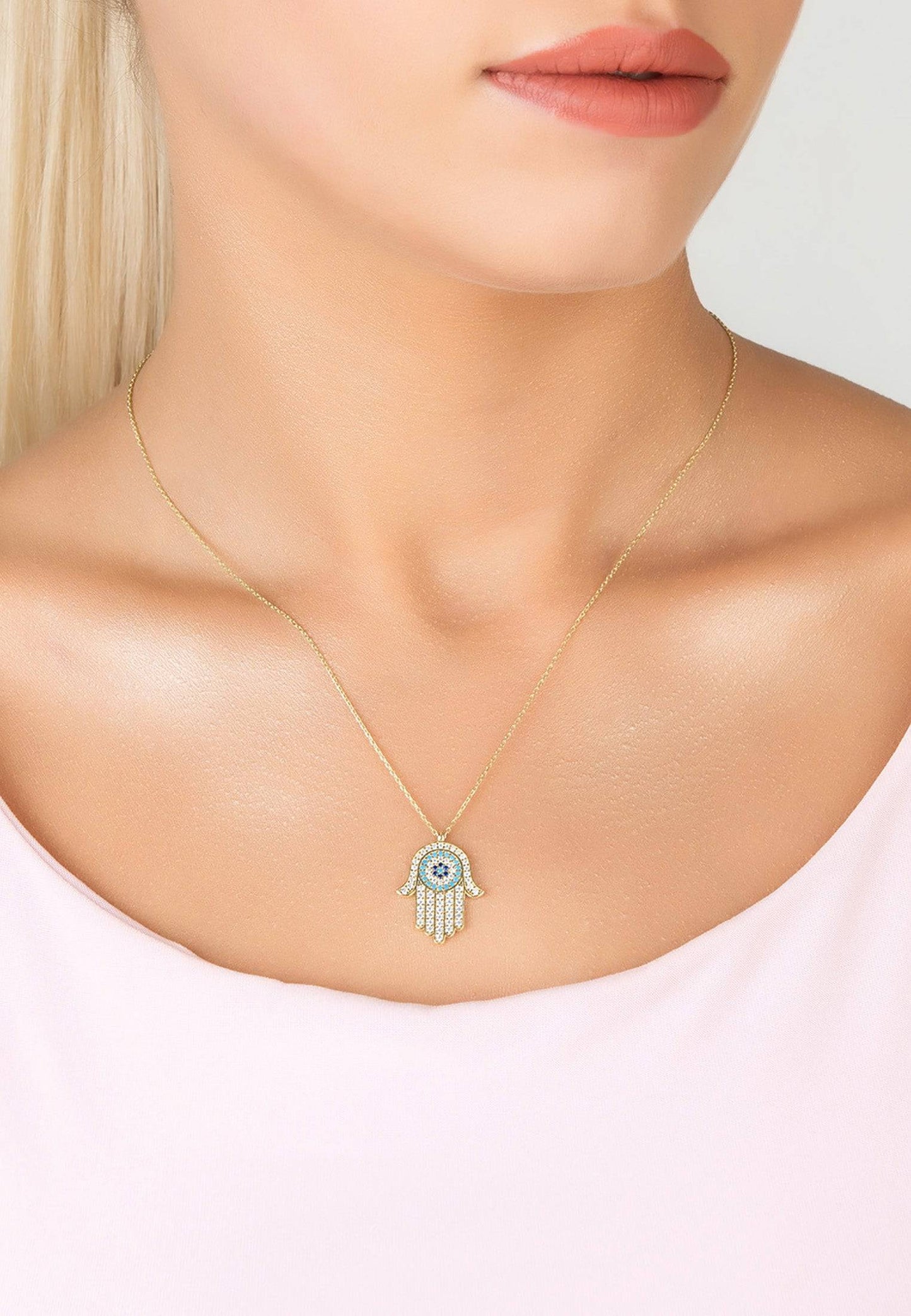 Hamsa Hand With Evil Eye Pendant Necklace Gold